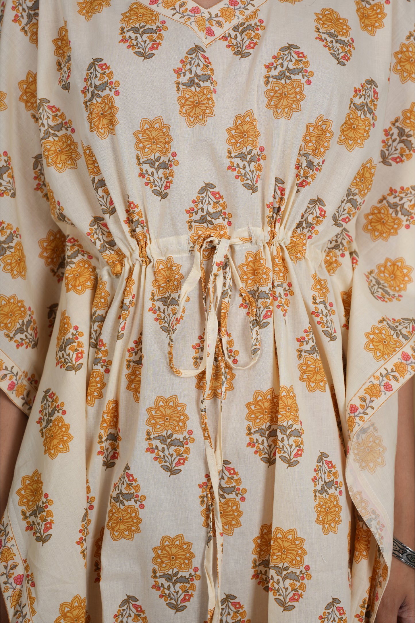 OFF WHITE MUSTARD MUGHAL BLOCK PRINT KAFTAN SHORT