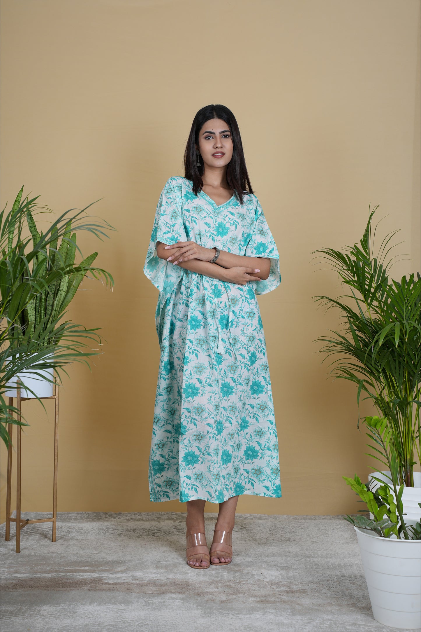 WHITE TURQUOISE FLORAL KAFTAN LONG