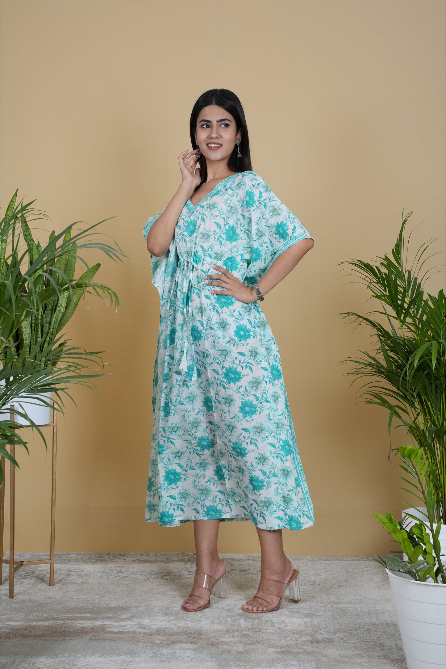 WHITE TURQUOISE FLORAL KAFTAN LONG