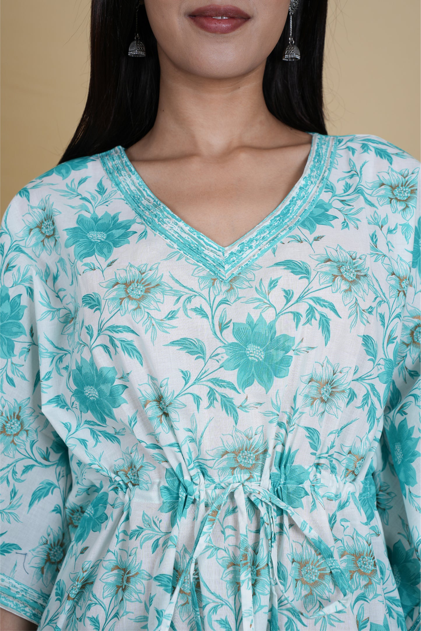 WHITE TURQUOISE FLORAL KAFTAN LONG