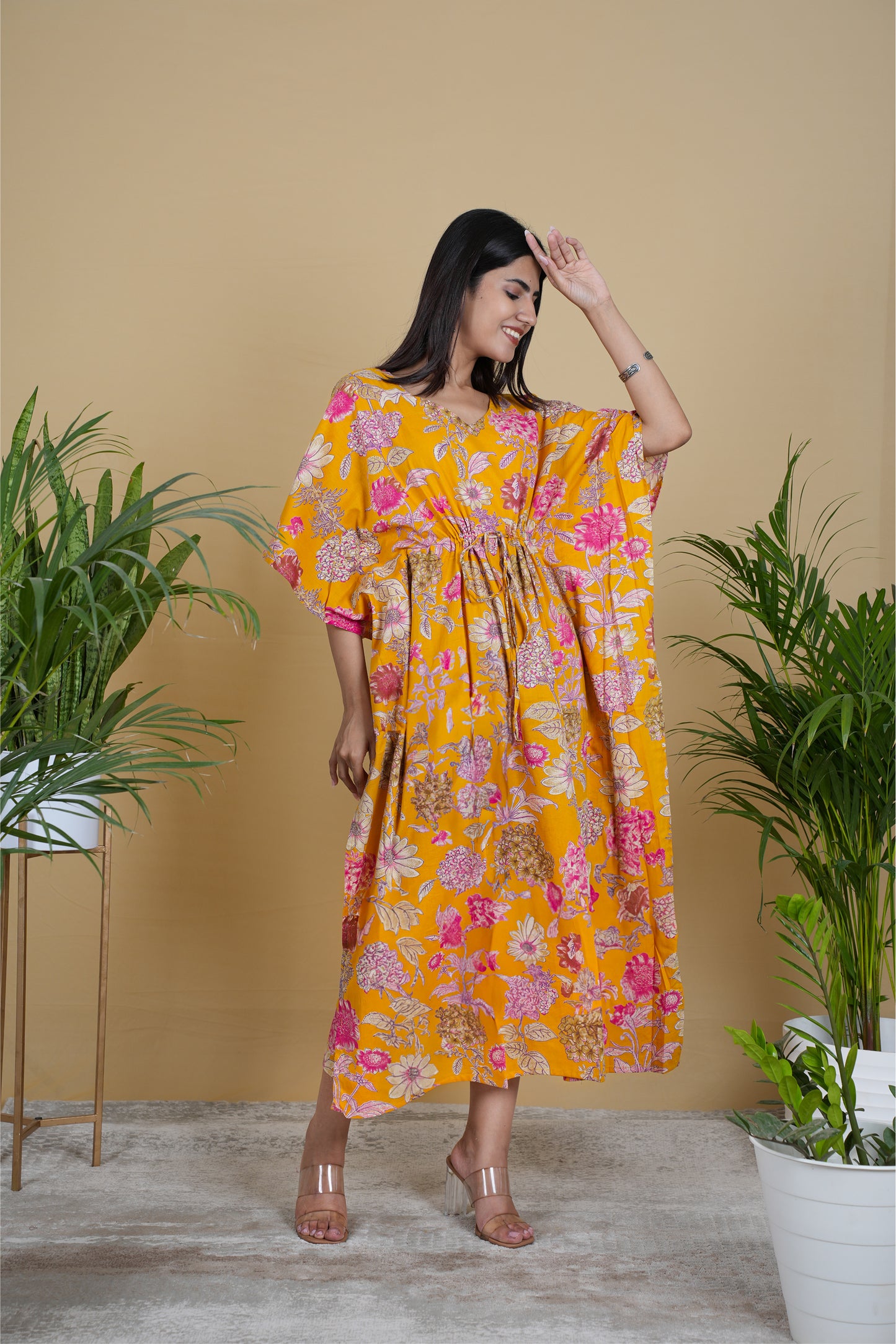 YELLOW FLORAL KAFTAN LONG