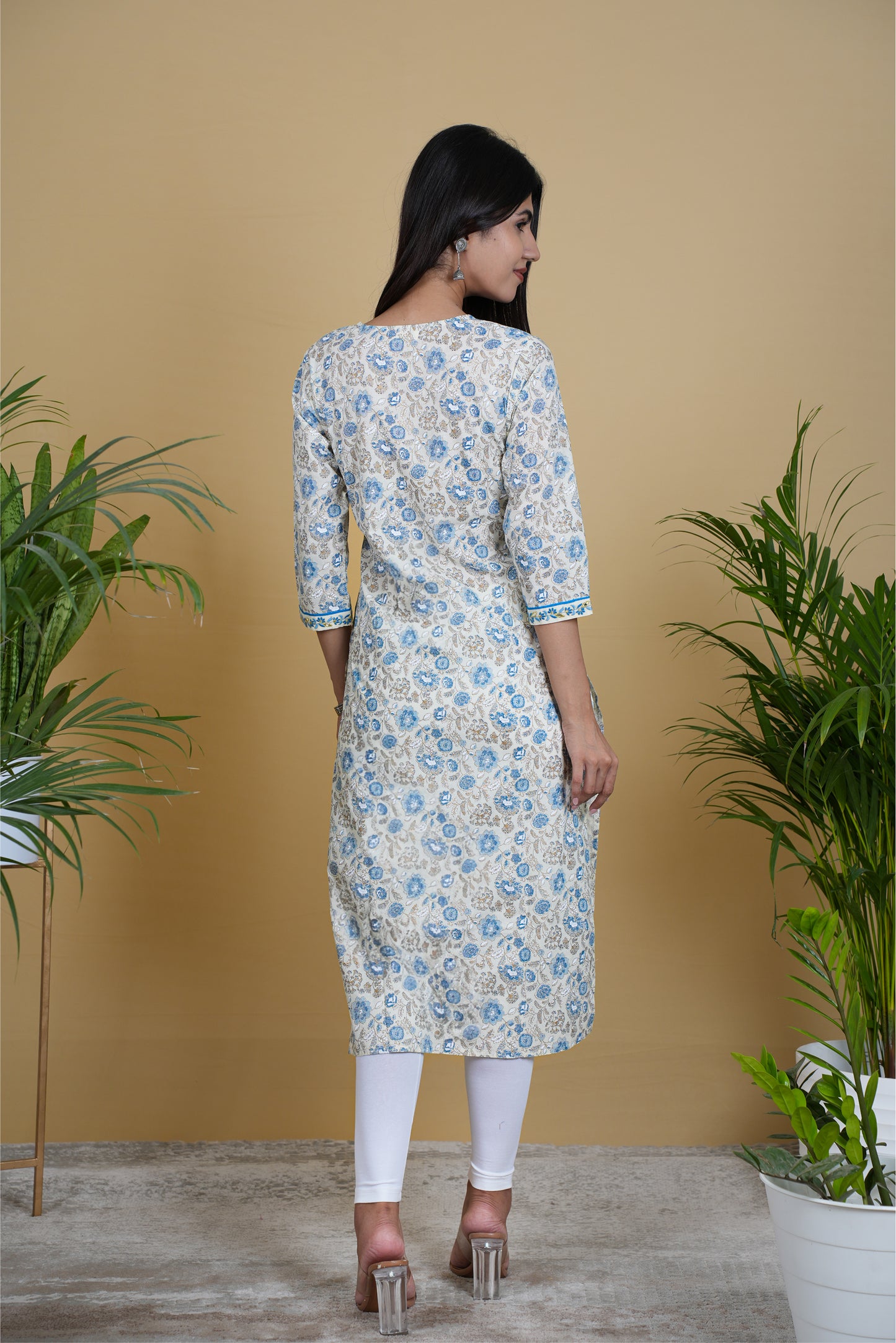 WHITE BLUE FLORAL KURTA