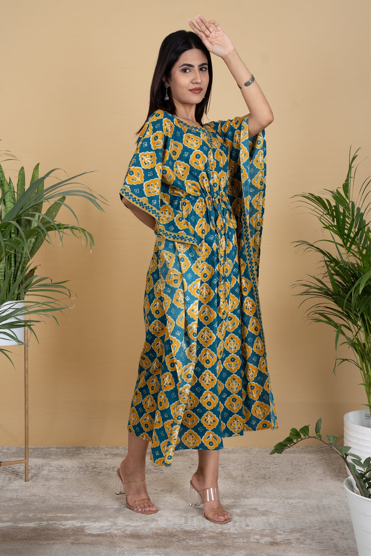 TEAL MUSTARD BAGRU KAFTAN LONG