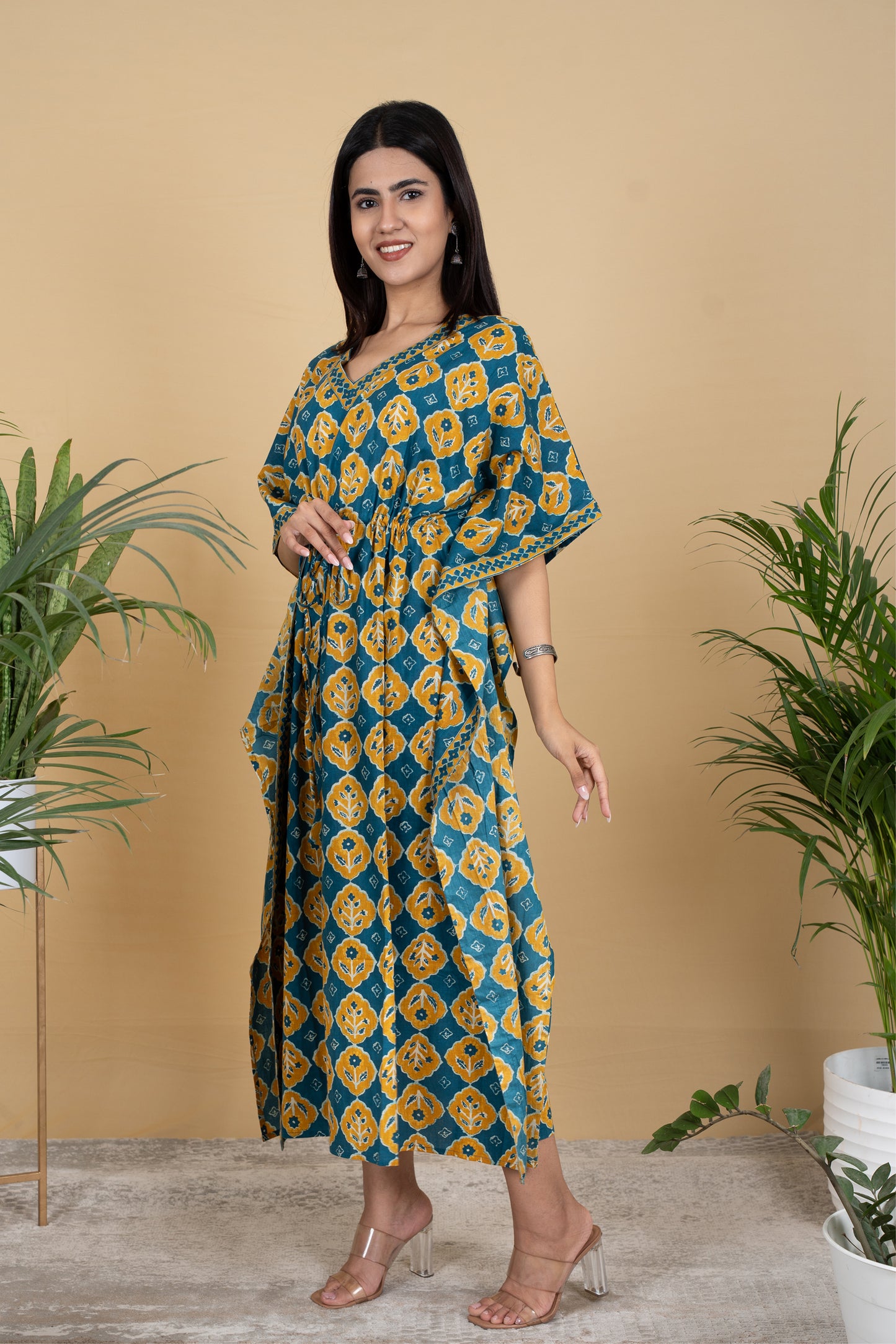 TEAL MUSTARD BAGRU KAFTAN LONG