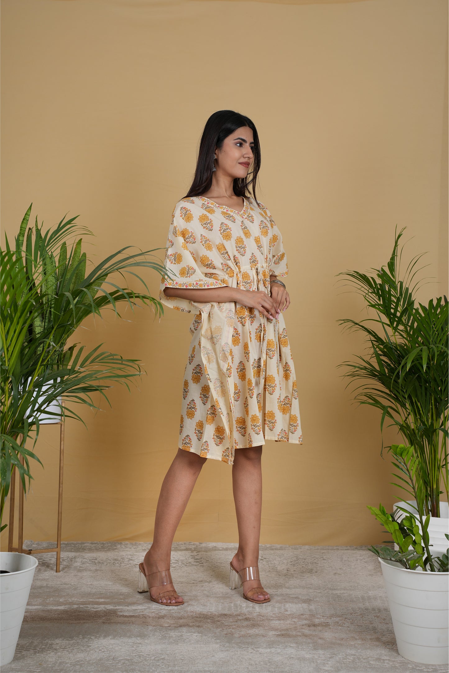 OFF WHITE MUSTARD MUGHAL BLOCK PRINT KAFTAN SHORT