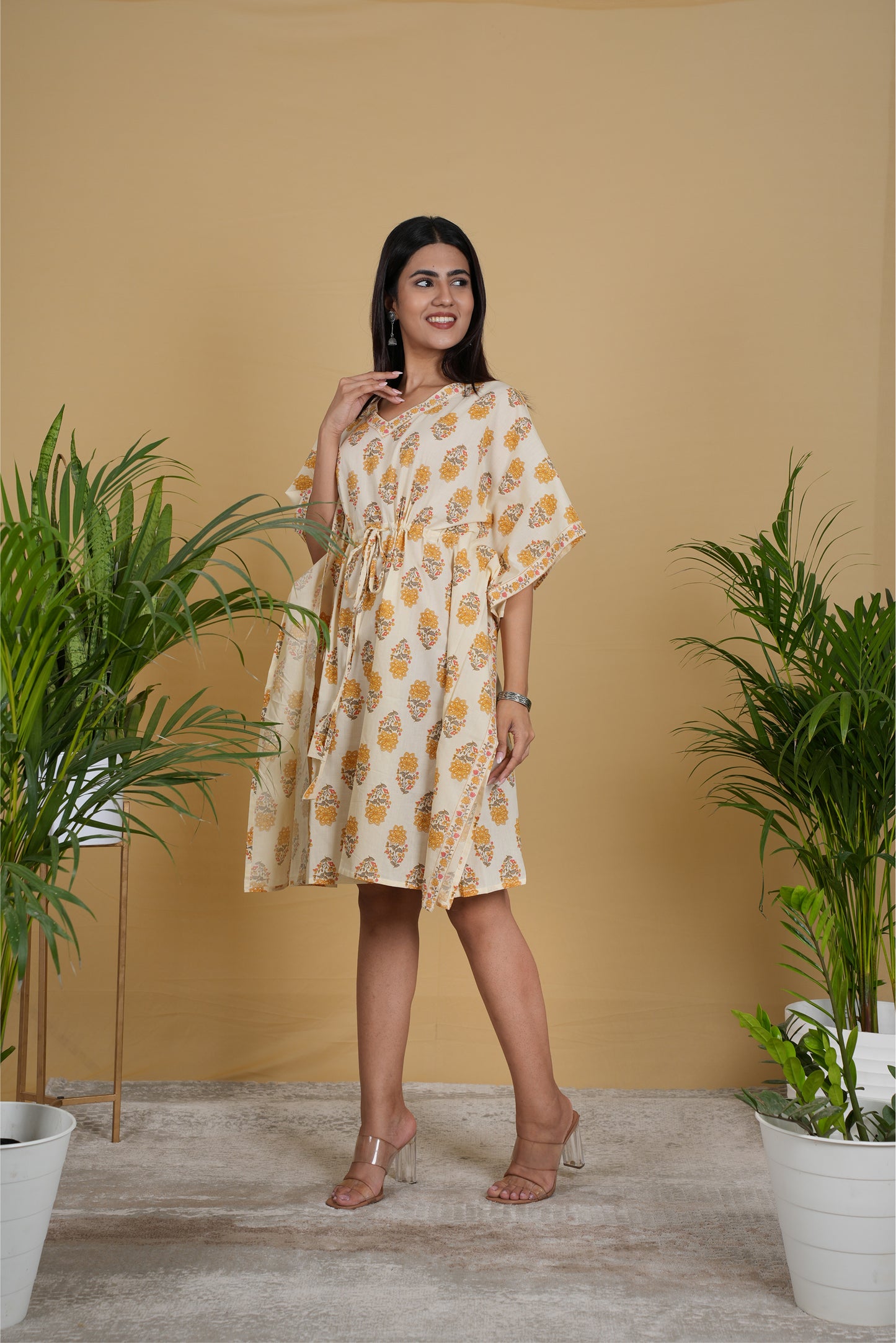 OFF WHITE MUSTARD MUGHAL BLOCK PRINT KAFTAN SHORT
