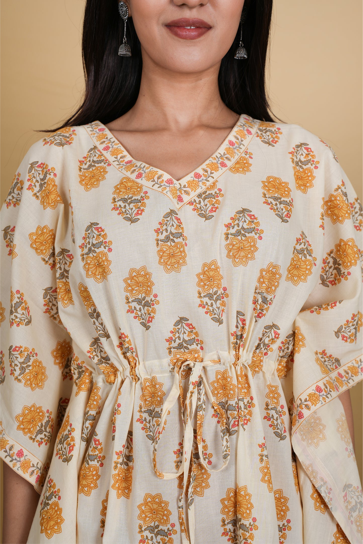 OFF WHITE MUSTARD MUGHAL BLOCK PRINT KAFTAN SHORT