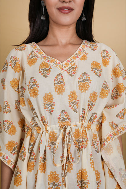 OFF WHITE MUSTARD MUGHAL BLOCK PRINT KAFTAN SHORT