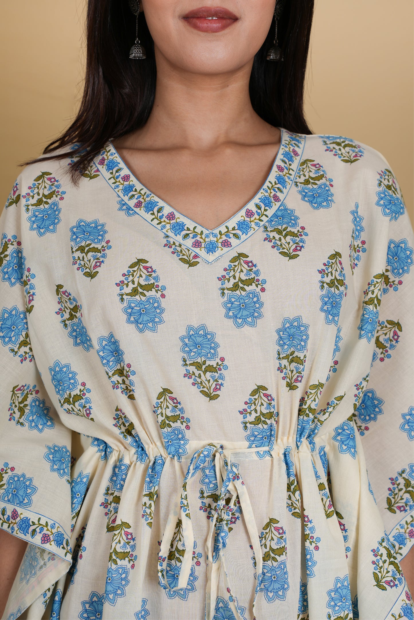 OFF WHITE & BLUE MUGHAL BLOCK PRINT KAFTAN SHORT