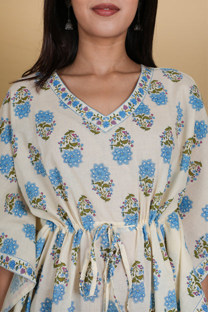 OFF WHITE & BLUE MUGHAL BLOCK PRINT KAFTAN SHORT