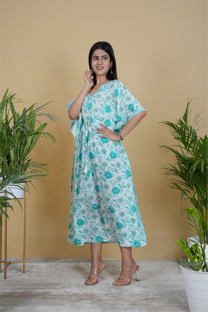 WHITE TURQUOISE FLORAL KAFTAN LONG