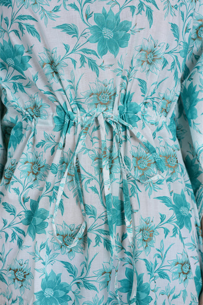 WHITE TURQUOISE FLORAL KAFTAN LONG