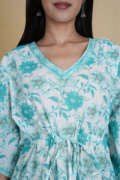 WHITE TURQUOISE FLORAL KAFTAN LONG