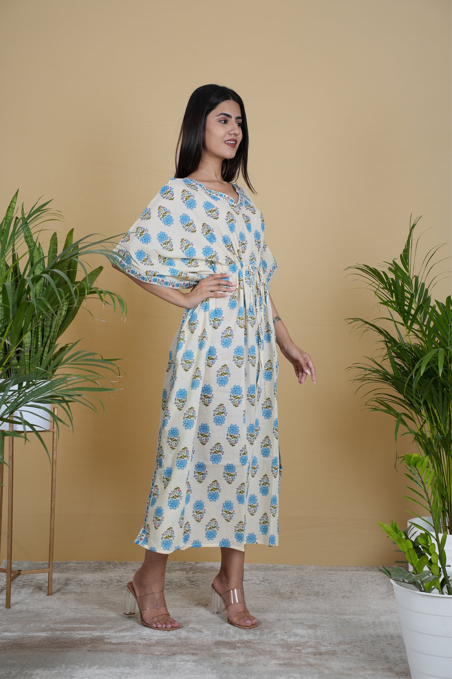 OFF WHITE & BLUE MUGHAL BLOCK PRINT KAFTAN LONG