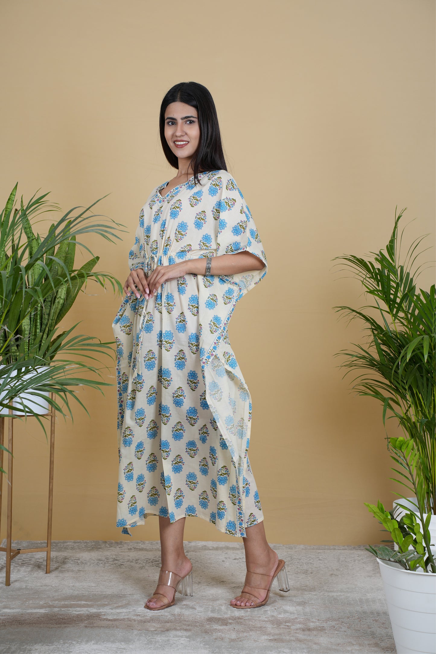 OFF WHITE & BLUE MUGHAL BLOCK PRINT KAFTAN LONG