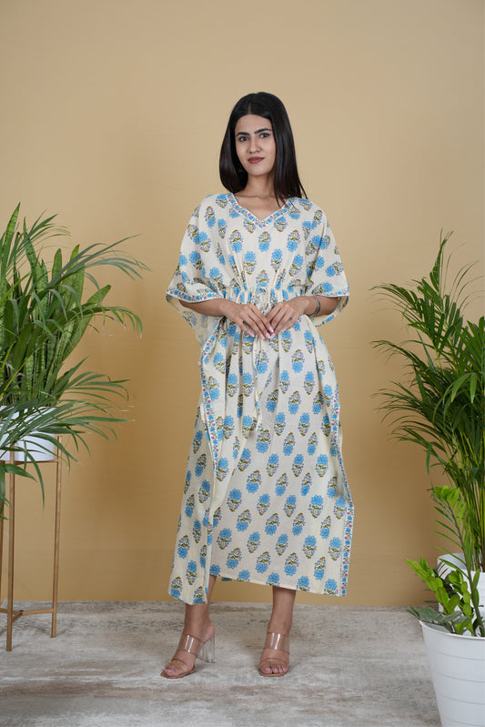 OFF WHITE & BLUE MUGHAL BLOCK PRINT KAFTAN LONG