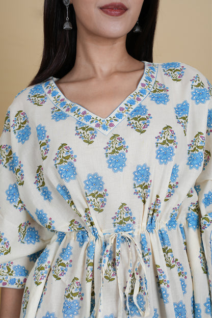 OFF WHITE & BLUE MUGHAL BLOCK PRINT KAFTAN LONG