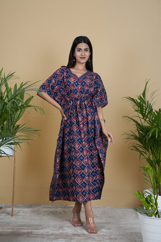 NAVY MAROON FLORAL KAFTAN LONG