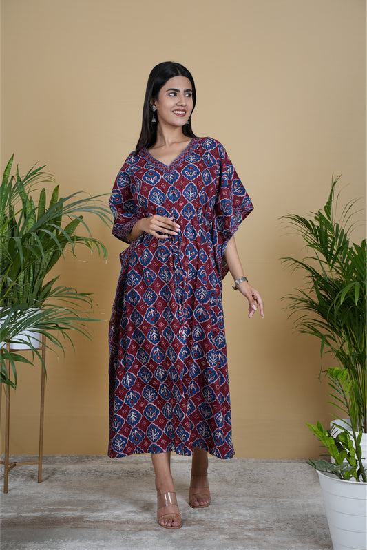 MAROON NAVY FLORAL KAFTAN LONG