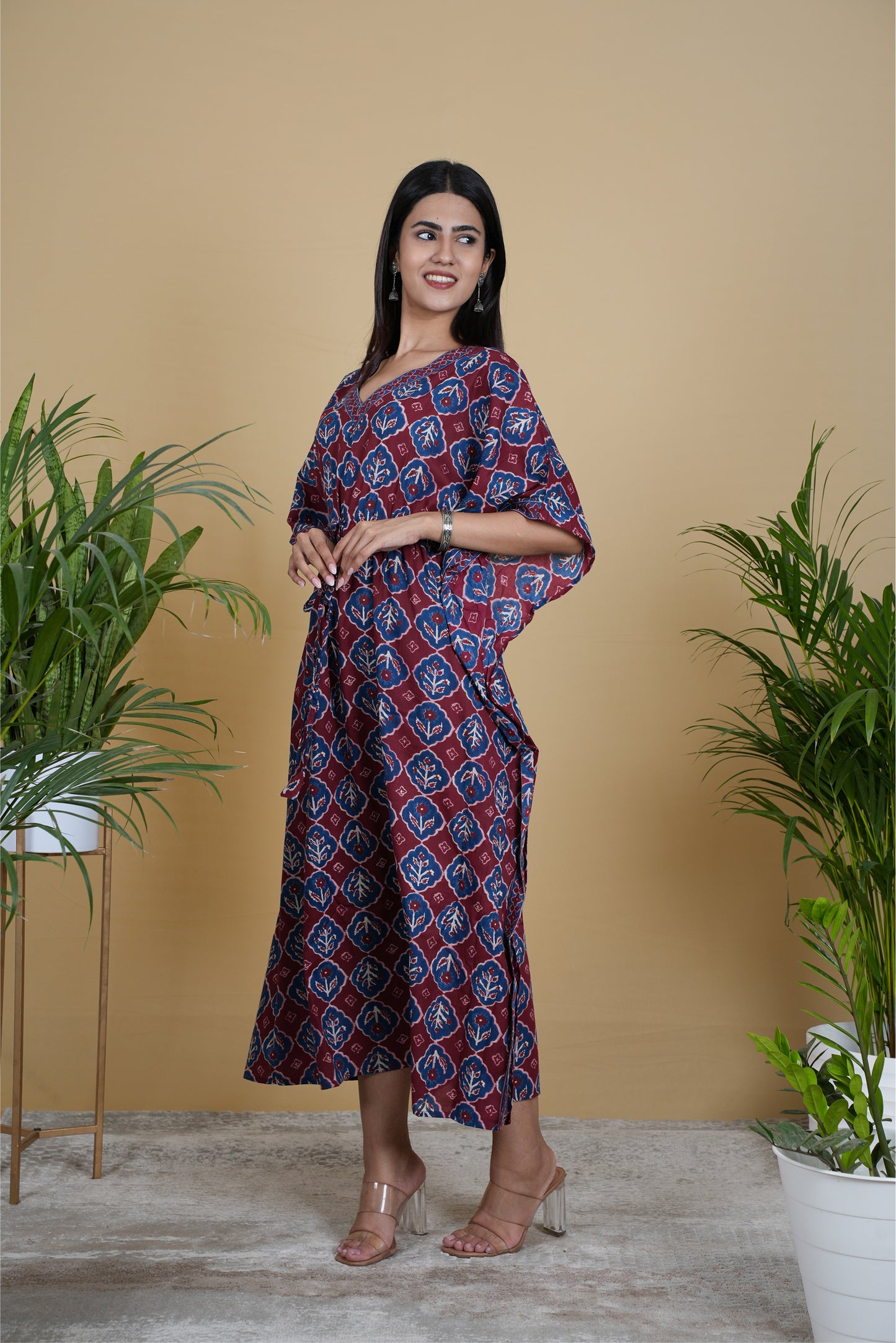 MAROON NAVY FLORAL KAFTAN LONG