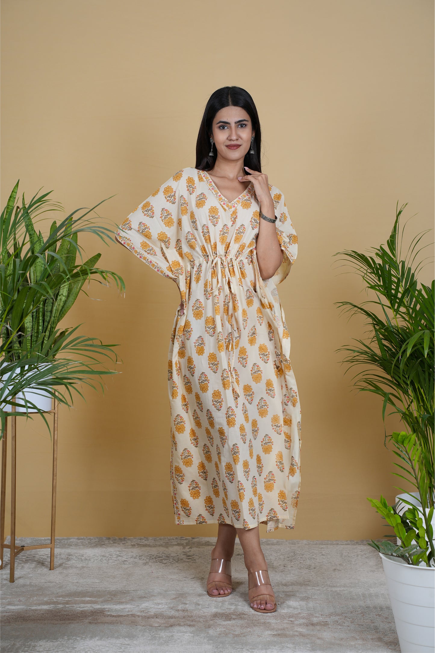 OFF WHITE MUSTARD MUGHAL BLOCK PRINT KAFTAN LONG