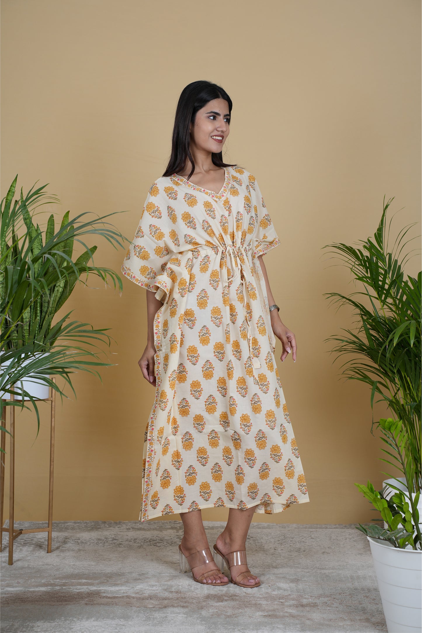OFF WHITE MUSTARD MUGHAL BLOCK PRINT KAFTAN LONG