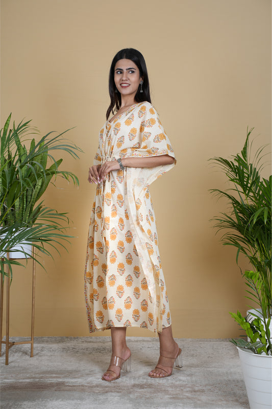 OFF WHITE MUSTARD MUGHAL BLOCK PRINT KAFTAN LONG