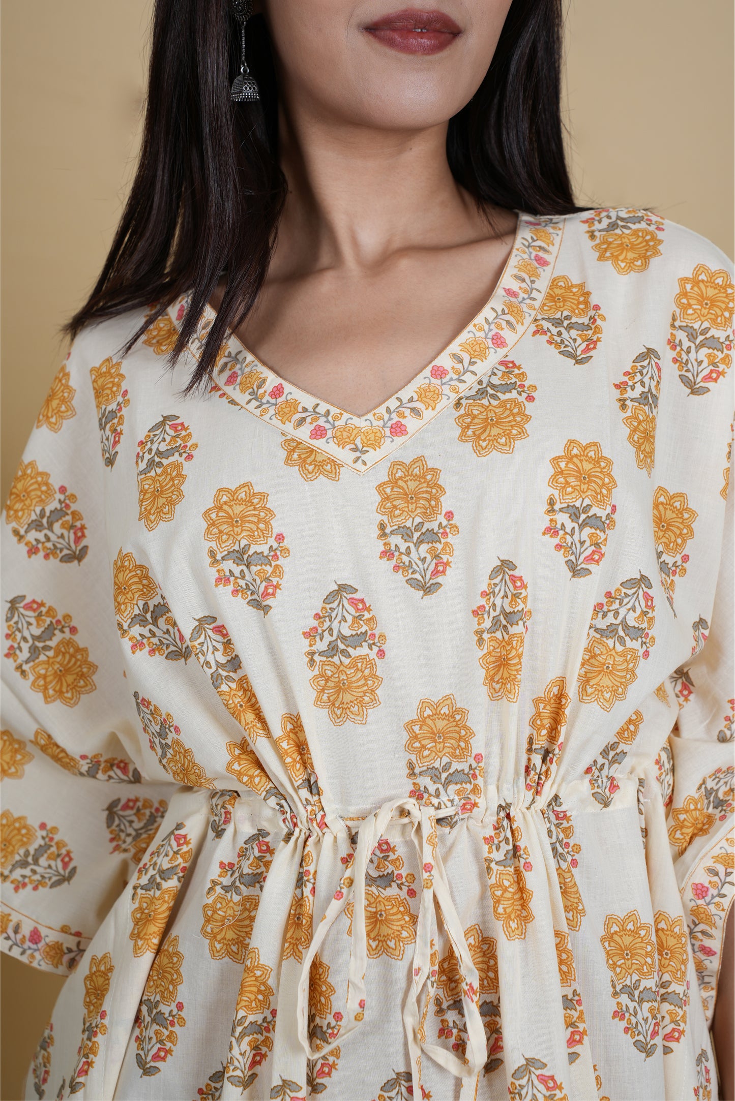 OFF WHITE MUSTARD MUGHAL BLOCK PRINT KAFTAN LONG