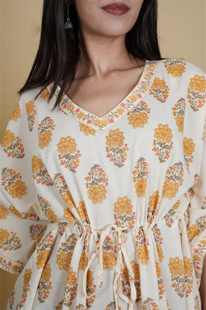OFF WHITE MUSTARD MUGHAL BLOCK PRINT KAFTAN LONG