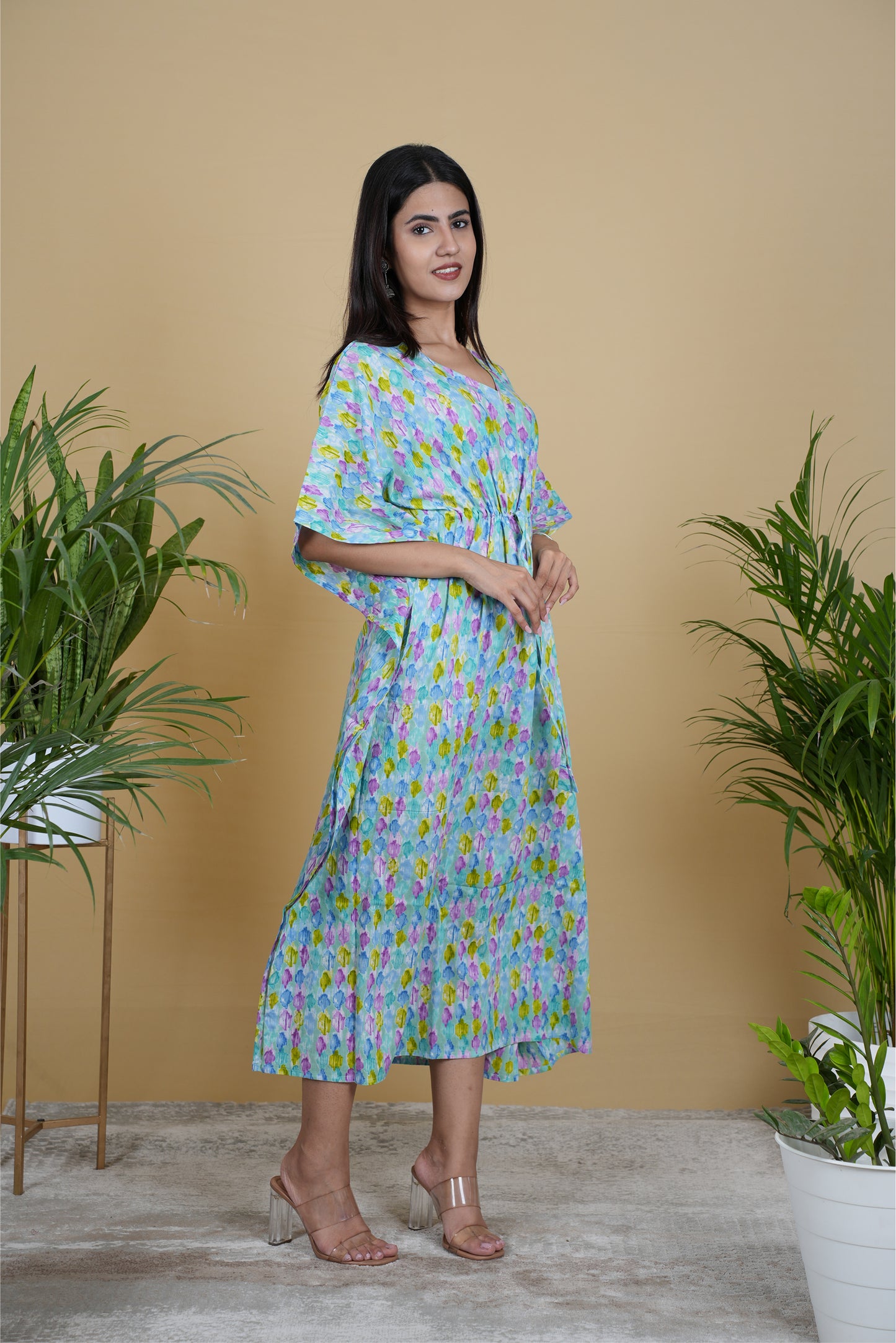 LIGHT BLUE FLORAL BLOB KAFTAN LONG