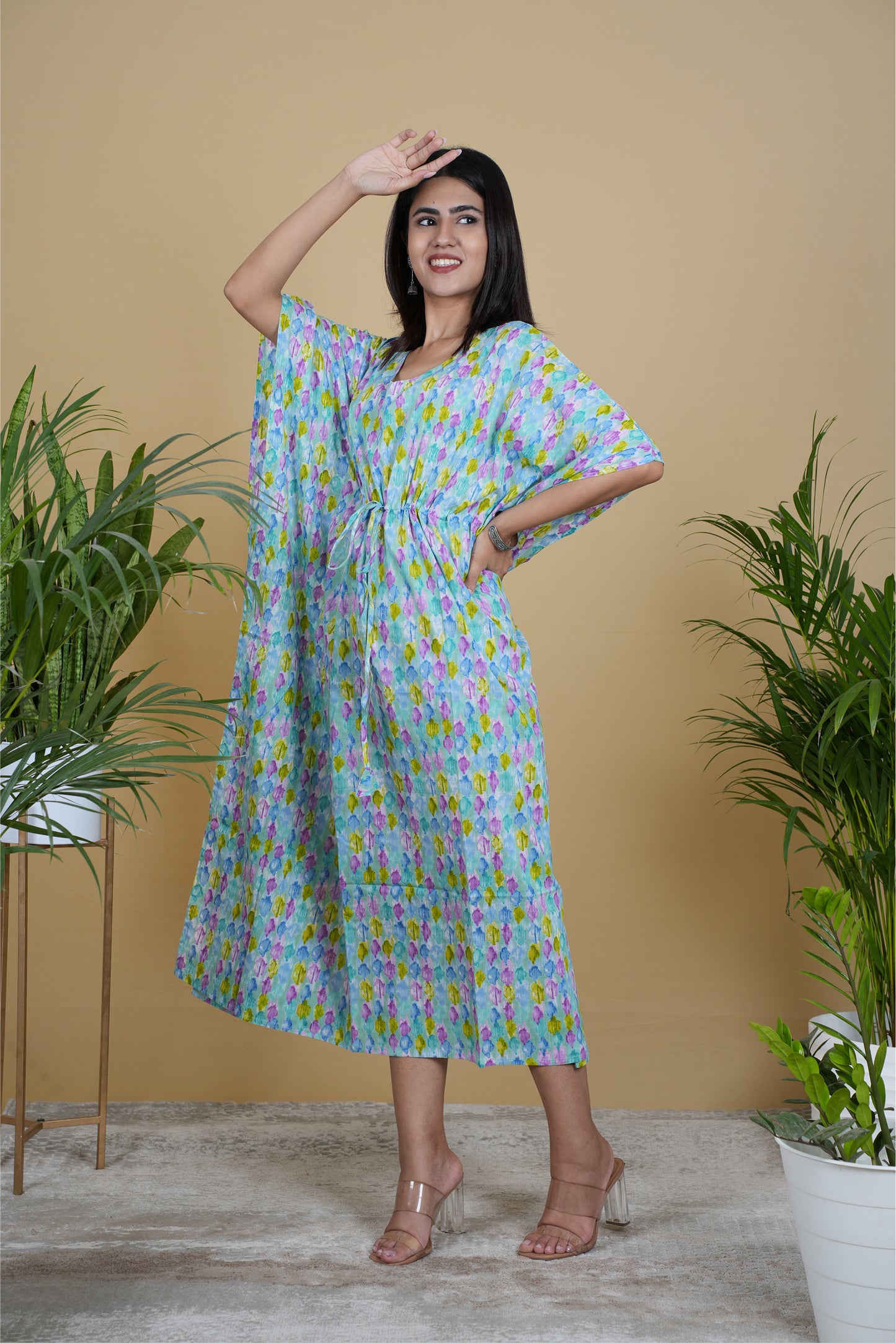 LIGHT BLUE FLORAL BLOB KAFTAN LONG