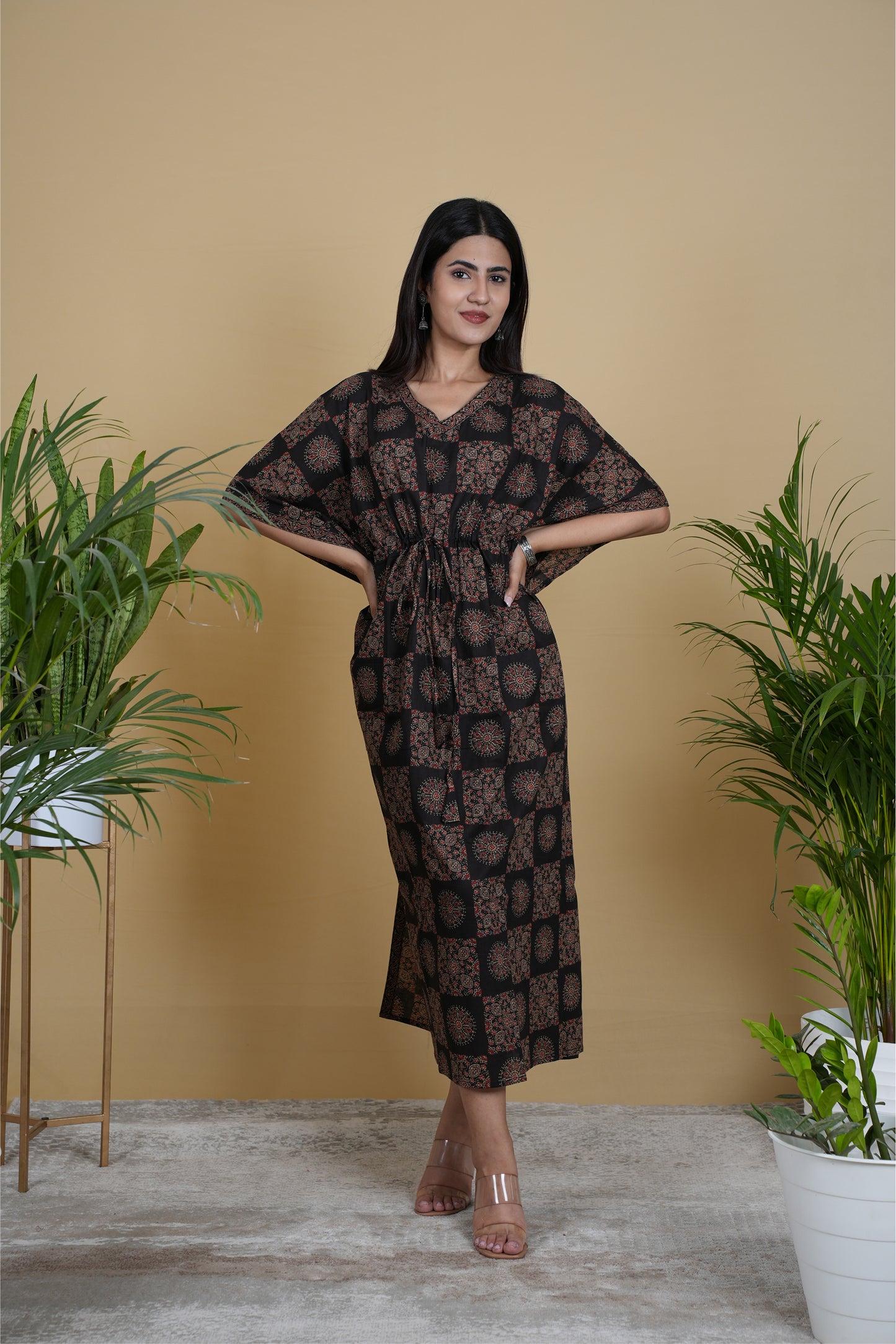 BLACK AJRAKH KAFTAN LONG