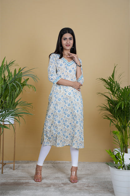 WHITE BLUE FLORAL KURTA