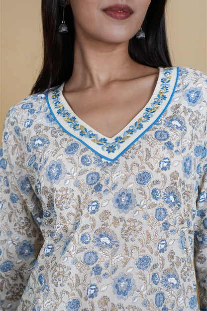 WHITE BLUE FLORAL KURTA
