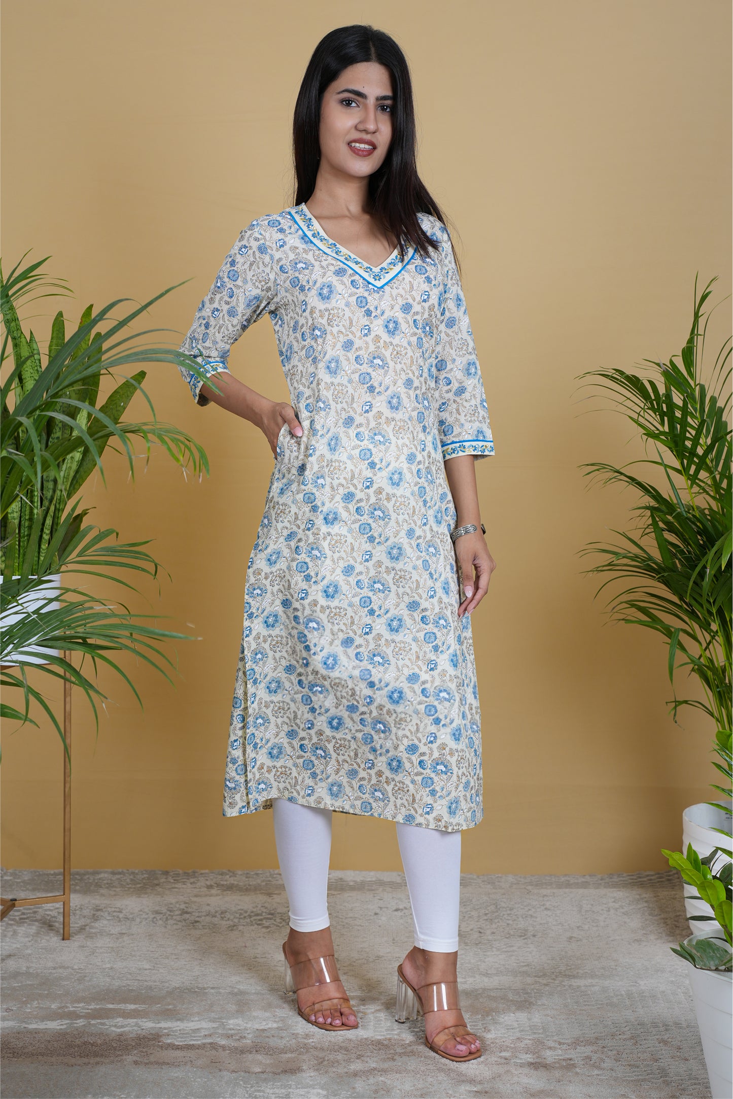 WHITE BLUE FLORAL KURTA