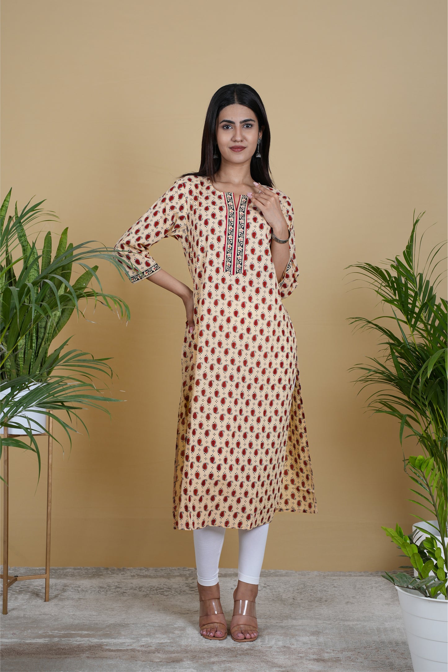 YELLOW MAROON MOTIF KURTA