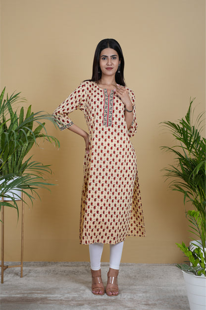 YELLOW MAROON MOTIF KURTA