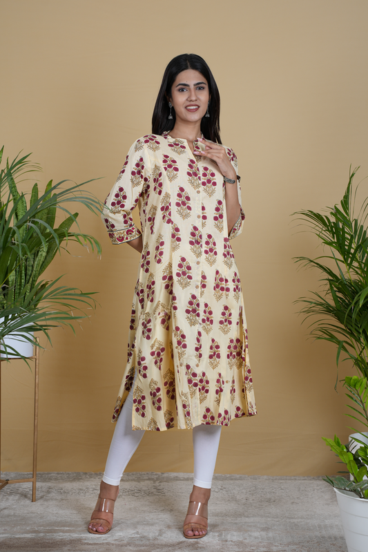 YELLOW MAROON FLORAL KURTA