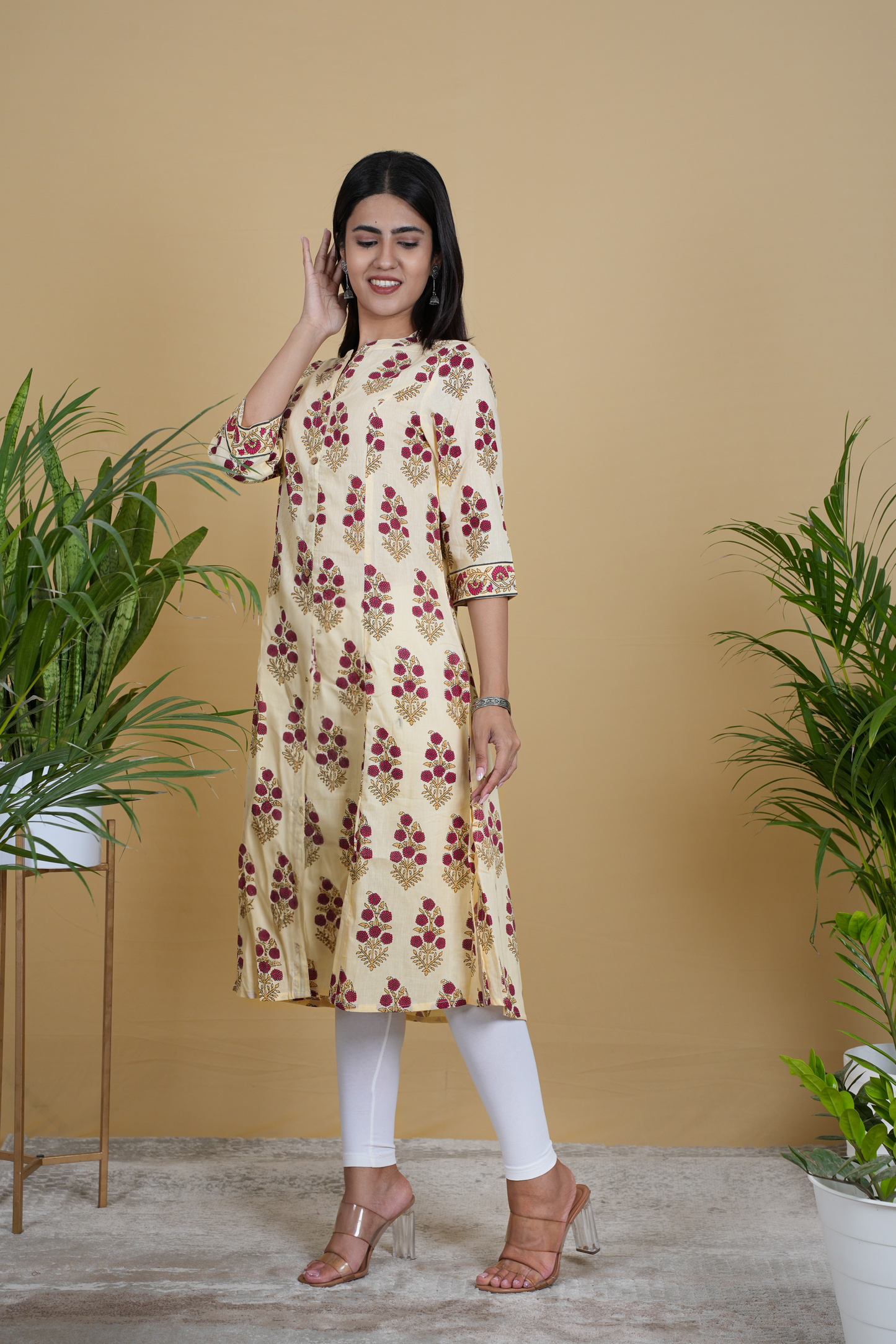YELLOW MAROON FLORAL KURTA