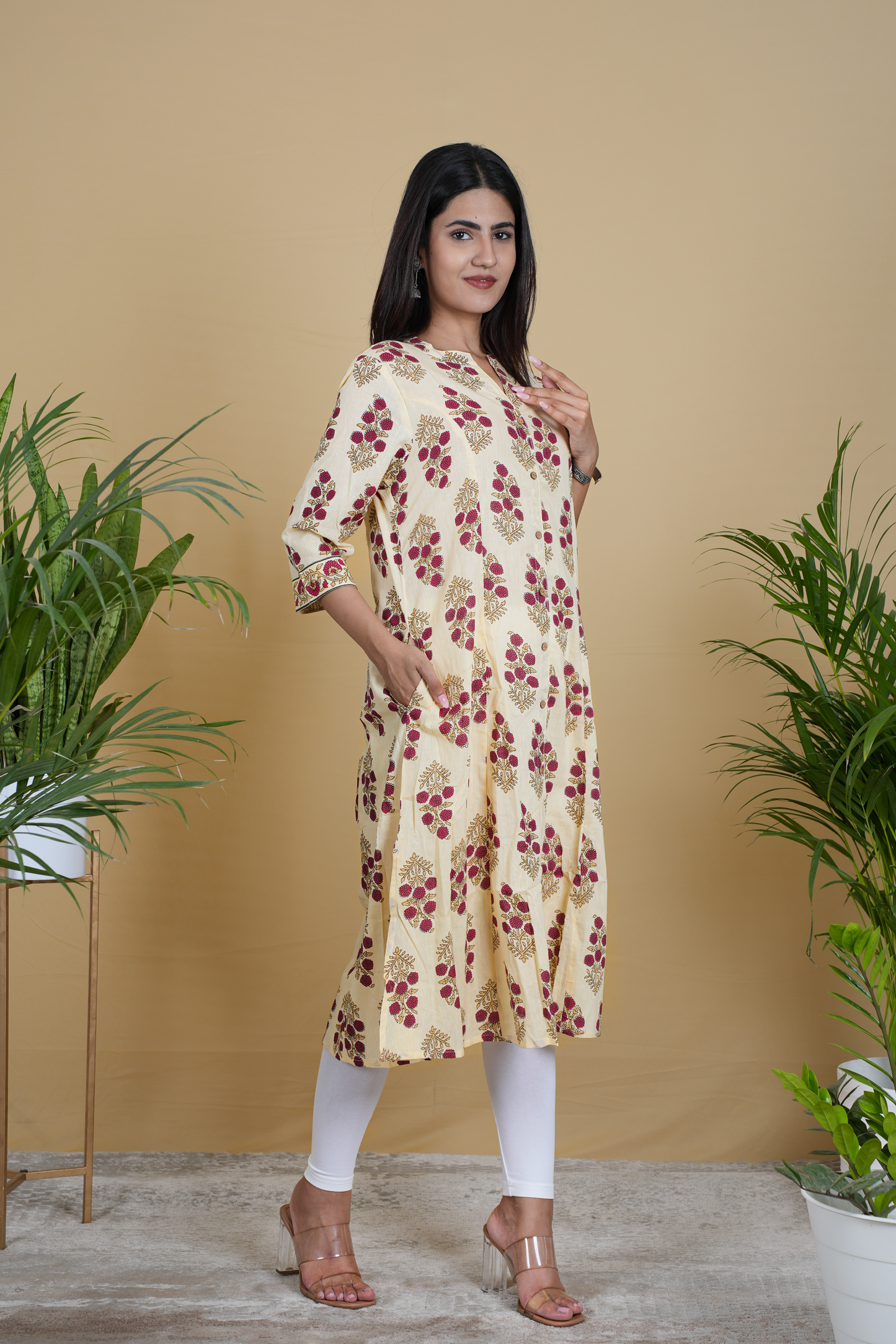 YELLOW MAROON FLORAL KURTA