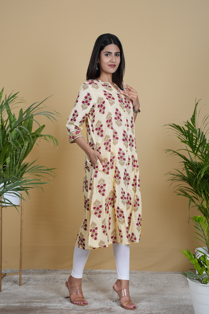 YELLOW MAROON FLORAL KURTA