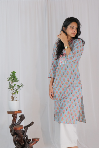 LIGHT BLUE FLORAL KURTA