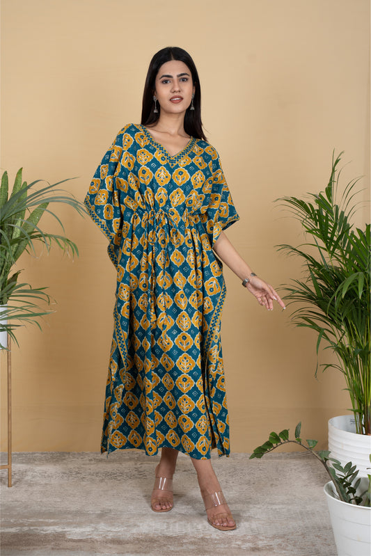 TEAL MUSTARD BAGRU KAFTAN LONG